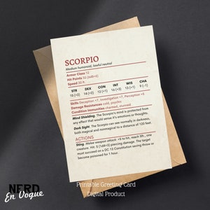 Schorpioen Stat Block DnD-verjaardagskaart, astrologie-wenskaart voor Dungeon Master bedankt, DnD-speler cadeau, horoscoop kerkers en draken