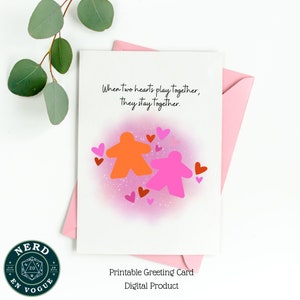 Carte de Saint-Valentin à imprimer pour les joueurs de jeux de société, carte de fiançailles, d'anniversaire ou de mariage, carte Meeple Love, lesbiennes LGBTQ+