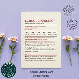 D&D-Schule Counselor Karte für Wertschätzung, lustiges nerdys Counselor Geschenk, Dungeons und Dragons, D&D-Danke, druckbare Grußkarte