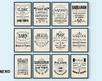 Juego de 12 láminas de arte mural de clases de DnD, decoración de casa de DnD, decoración de habitación de DnD imprimible, impresiones digitales para nerds, ideas para salas de juegos de DnD, decoración de oficina de DnD