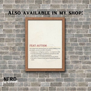 Puede incluir: Una impresi&oacute;n enmarcada con fondo blanco y texto negro que dice "FEAT: AUTISM". El texto describe los beneficios de tener autismo en un juego de rol de mesa. La impresi&oacute;n est&aacute; enmarcada en un marco de madera marr&oacute;n y se coloca contra una pared de ladrillo. El texto debajo del marco dice "NERD En Vogue".