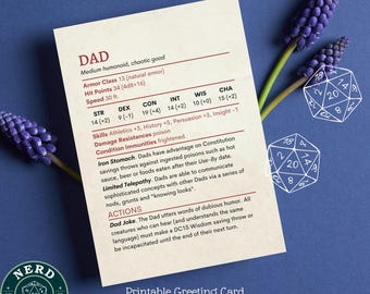 DnD-kaart vader statistiek voor Vaderdag, verjaardag vader, bedankje of DnD-spelerscadeau, Dungeons and Dragons verjaardag D&D digitale kaartcadeau