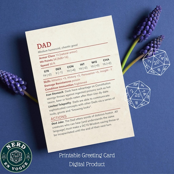 Dad Stat Block DnD Card for Father's Day, Dad Birthday, Thank You or DnD Player Gift, Dungeons and Dragons Birthday D&D Digital Card Gift