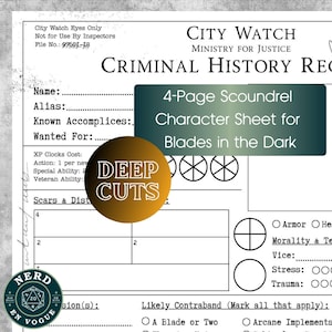Blades in the Dark RPG Character Sheet: Criminal Record Style PDF for Deep Cuts Edition