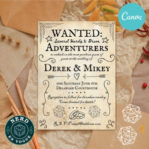 DnD-huwelijksuitnodiging canvas sjabloon, gezocht avonturiers D20 Dungeons and Dragons, volledig bewerkbare digitale sjabloon, nerdy D&D RPG bruiloft