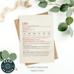 Tarjeta de cumpleaños de DnD con el bloque de estadísticas de Leo, tarjeta de felicitación astrológica para DM, regalo de agradecimiento, regalo de jugador de DnD, signo del zodíaco de Dungeons & Dragons, regalos de rol del zodíaco
