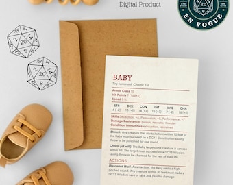 Tarjeta de anuncio de bebé de DnD, regalo divertido de bebé de DnD, felicitaciones de bebé, regalo de pareja de DnD, tarjeta de felicitación imprimible.