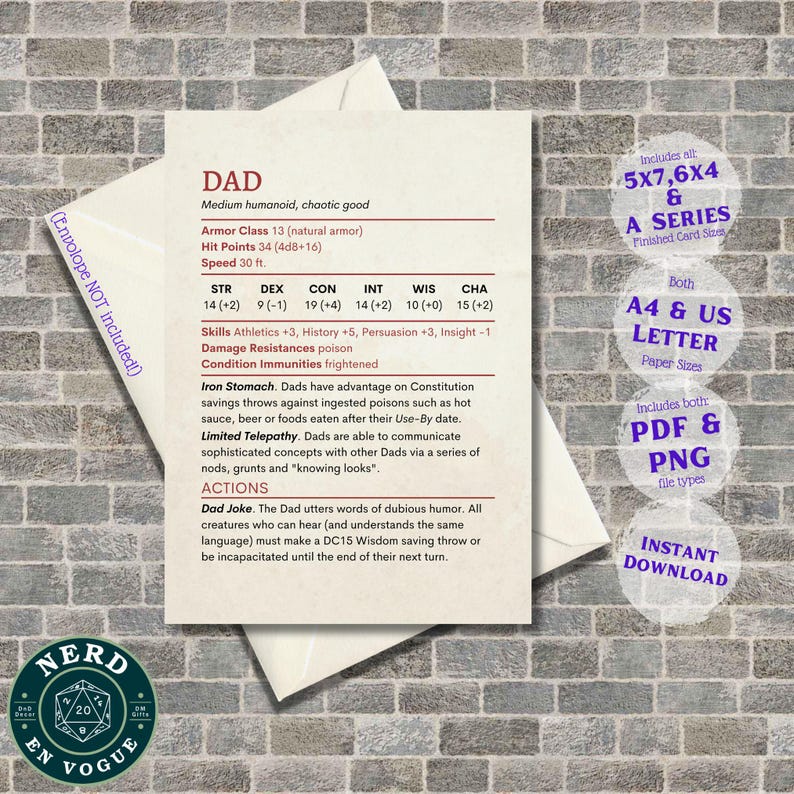 May include: Printable Dungeons & Dragons character sheet for a Dad character. The sheet includes stats, skills, and abilities. The sheet is designed in a nerdy style with a D20 and the words "Nerd En Vogue".