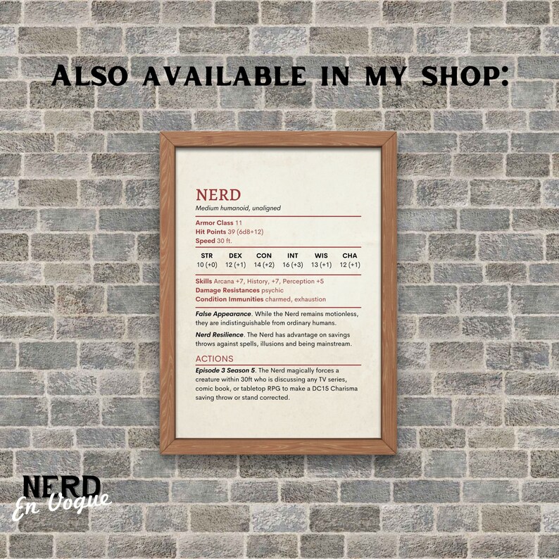 Puede incluir: Una hoja de personaje imprimible para un juego de rol de mesa (RPG) llamado "Nerd". La hoja incluye estad&iacute;sticas, habilidades y capacidades para el personaje, as&iacute; como una descripci&oacute;n de sus habilidades especiales. El personaje se describe como un "humanoide mediano, no alineado".