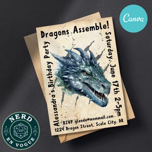 Sjabloon drakenverjaardagsfeestje, uitnodigingen Dungeons and Dragons, digitaal bewerkbare canvassjabloon, ideeën voor kinderfeestjes fantasiethema
