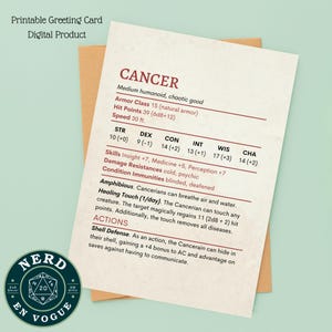 Cancer Stat Block DnD-verjaardagskaart, astrologie-wenskaart voor Dungeon Master bedankt, DnD-speler cadeau, horoscoop kerkers en draken