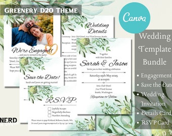 DnD Wedding Invitation Canva Template Bundle, Eucalyptus Greenery D20 Fantasy Wedding Stationary, Editable Digital, RPG Wedding Invitation
