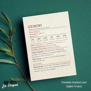 Gemini Stat Block DnD-verjaardagskaart, astrologie-wenskaart voor Dungeon Master bedankt, DnD-speler cadeau, horoscoop kerkers en draken