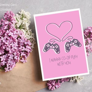 Tarjeta de San Valentín para jugadores, pareja de jugadores, tarjeta de San Valentín para lesbianas, tarjeta rosa en blanco para imprimir, nerd, geek, tarjeta para aniversario, cumpleaños o amor
