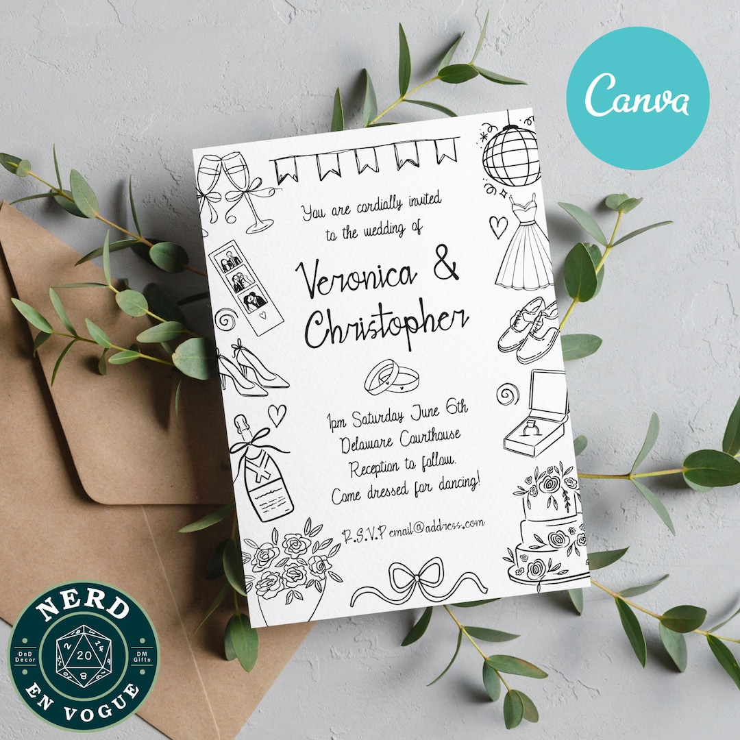 Doodle Wedding Invitation: Fully Editable Canva Invite Template for ...