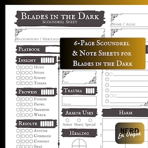 Könnte beinhalten: Ein Schwarzweiß-Charakterbogen für das Tabletop-Rollenspiel Blades in the Dark. Das Blatt enthält Abschnitte für Charaktername, Hintergrund, Spielbuch, Einsicht, Können, Entschlossenheit, Trauma, Rüstungsnutzung, Heilung und Schaden.