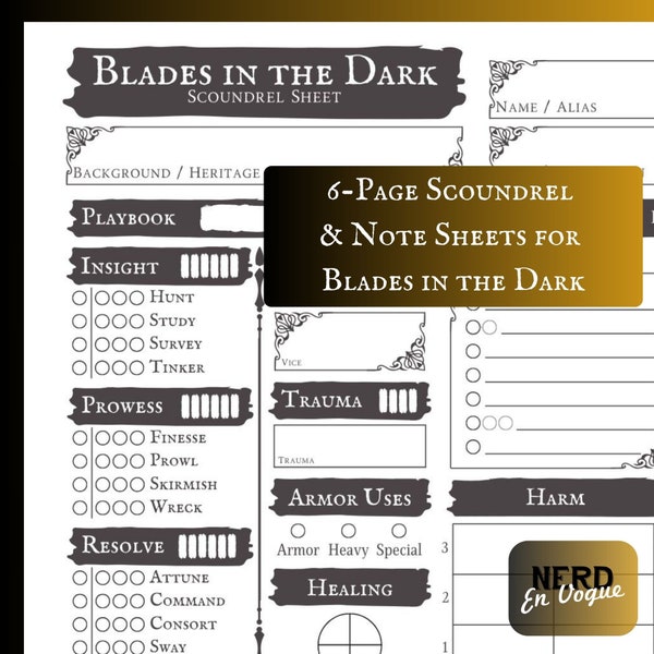Blades in the Dark RPG Scoundrel Sheet, Goodnotes Compatible PDF, Digital Printable Notes, Playbook Sheet, Character Sheet, RPG Accessories