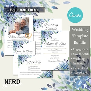 Pacote de modelo de canva de convite de casamento DnD, papel de carta de casamento fantasia aquarela Lavendar D20, convite de casamento RPG digital editável