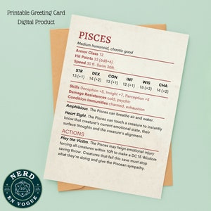 Tarjeta de cumpleaños de DnD con bloque de estadísticas de Piscis, tarjeta de felicitación astrológica para DM, regalo de agradecimiento, regalo de jugador de DnD, signo del zodíaco de Dungeons & Dragons, regalo de juego de rol del zodíaco