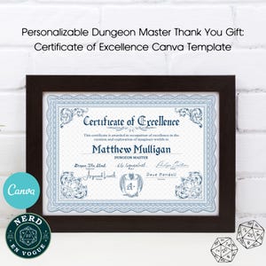 DnD Custom DM Zertifikat für Exzellenz, personalisierter Dungeon Master Dankeschön Geschenk, bearbeitbare Canva Vorlage, digitaler Download, D & D Geburtstag