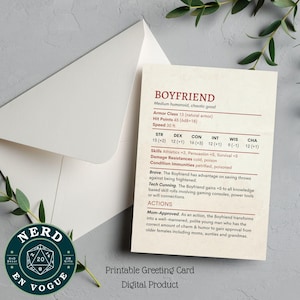 Bloco de estatísticas de namorado DnD Card, Dungeons and Dragons Boyfriend Anniversary ou Valentine, D&D Digital Card Gift, Indoorsy Nerd de namorada