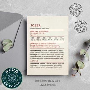 Sober Stat Block DnD Card, Dungeons and Dragons Theme Anniversary, Sobriety Recovering Addict Birthday, DM Friend Ally D&D Digital Card Gift