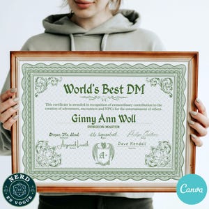 Certificado de mejor DM del mundo personalizado de DnD, obsequio de agradecimiento personalizado para Dungeon Master, plantilla de Canva editable, descarga digital, cumpleaños de D&D