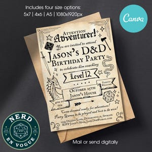 Modèle d'invitation de fête d'anniversaire D&D, donjons et invitations dragons, modèle de toile numérique modifiable, fêtes d'enfants sur le thème D&D, adolescents