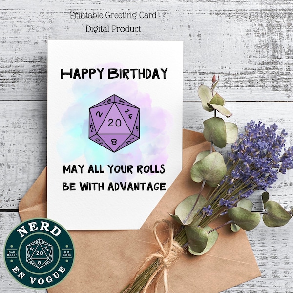 DnD Birthday Card for Dungeons and Dragons Players, Digital D&D Birthday Gift, Geeky Printable Greeting Card for Nerds, Advantage D20 TTRPGs