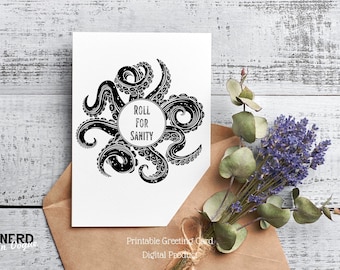 Cthulhu Roll for Sanity Greeting Card, HP Lovecraft Lovecraftian Birthday Call of Cthulhu RPG Gifts Role-Playing Games Printable Blank Card