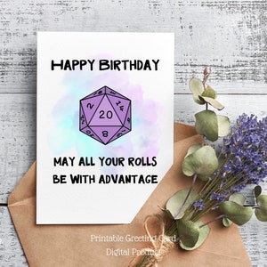 Printable DnD Birthday Card for Dungeons and Dragons Players Gift, D&D Birthday Nerd Geek Greeting Card, Role-Playing Games, Advantage D20