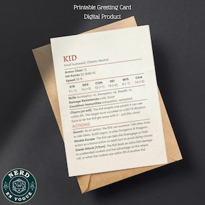 May include: A printable greeting card featuring a character stat block labeled "KID." The card includes stats for Strength, Dexterity, Constitution, Intelligence, Wisdom, and Charisma. The card is inside a brown envelope, with a "Nerd En Vogue" logo in the corner.