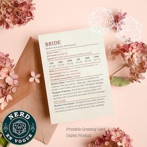 May include: A printable greeting card with the word "BRIDE" in a fantasy role-playing game style. The card is on a pink background with flowers and dice. The text "Printable Greeting Card" and "Digital Product" are at the bottom.