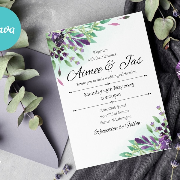 D&D Hochzeitseinladung Canva Template, Greenery D20 Role Playing Game Theme, Text und Schriftart editierbar, RPG Wedding, Dungeons and Dragons