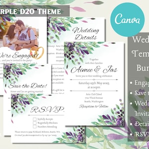 DnD Wedding Invitation Canva Template Bundle, Watercolour Lavendar D20 Fantasy Wedding Stationary, Editable Digital RPG Wedding Invitation