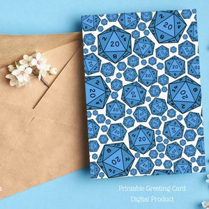 Cartão de felicitações D20 DnD para presente Dungeon Master, cartão de aniversário DnD para Dungeons and Dragons, cartão em branco imprimível D&D, presentes de RPG, dados azuis