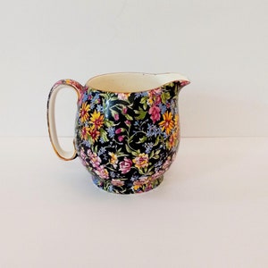 Vintage Royal Winton Jug Nantwich, Royal Winton Creamer Flowers on Black, Chintz Pitcher, Collectible, Shabby Chic Decor, Cottagecore, Gift