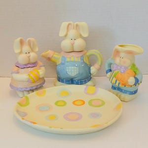 Vintage Tea Set Bunnies with Teapot, Sugar Bowl Creamer and Tray, Easter Bunnies Mini Tea Set, Spring, Summer Decor, Easter, Baby Shower