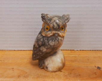 Vintage Hand Carved Alabaster Owl Figurine: Halloween Decor