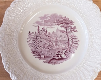 Antique Ridgways Tyrolean Plate: Purple Transferware, English Ironstone