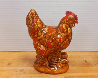 Large Glazed Chicken Figurine: Red and Brown Farmhouse Decor