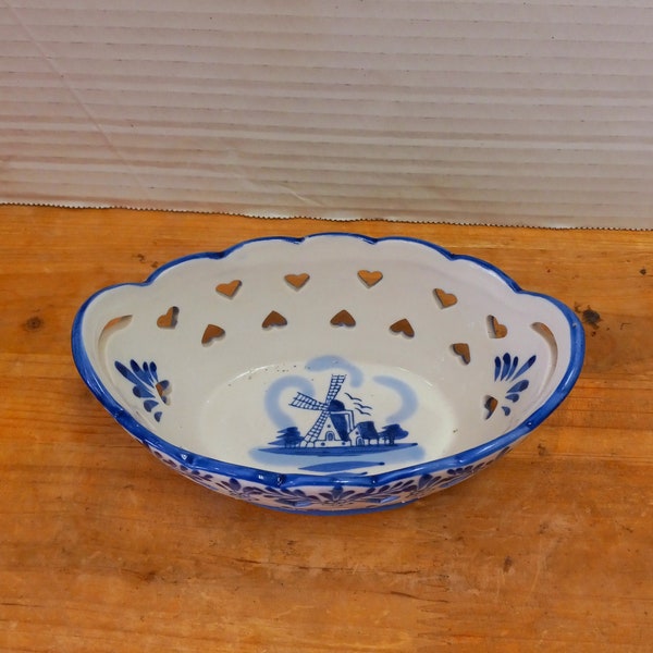 Delft Blue Porcelain Basket Windmill & Pierced Hearts, Delft Ring Dish w/t Windmill, Blue and Whitte Decor, Delftware Table Decor, Cottage