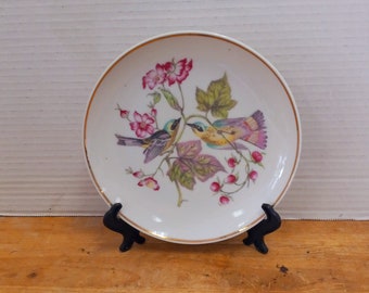 May include: A white ceramic plate with a gold rim features a painted design of two birds perched on a branch with pink flowers and green leaves.