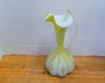 Antique Satin Green Glass Ewer: Hand Blown Enamel Vase, Victorian Decor
