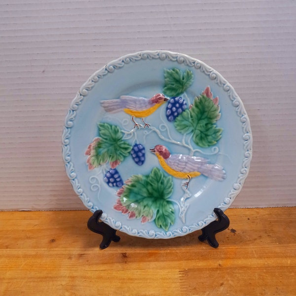 Antique Plate with Birds Majiloca Style, Antique German Majolica Plate Birds, Cottage Decor, Farmhouse Decor, Southern Decor, Collectible