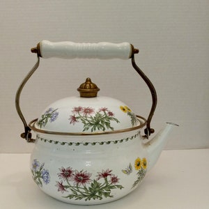 Vintage Teapot Emanel and Metal with Flowers, Antique Decor, Vintage Decor, Farmhouse Decor, French Country Decor