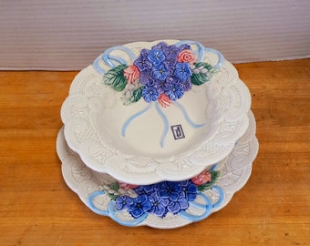 Fitz&Floyd Majolica Plate and Bowl Set: Victorian Lace Pansies