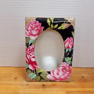 Vintage Lefton China Porcelain Picture Frame, Victorin Black Oval Picture Frame with Pink Roses, Gift, Art Deco Decor, Shabby Chic Decor