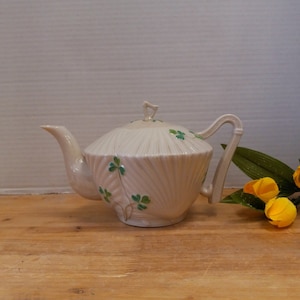 Belleek Black Mark Harp Teapot, Belleek POrcelain, Belleek Shamrock Teapot, Antique Belleek, Irish Decor, Shamrock Decor, Spring Decor