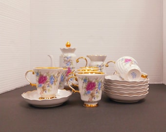 Vintage Korosten Tea Set, Pink Flower Chinz, USSR Ukraine, 14 Pc